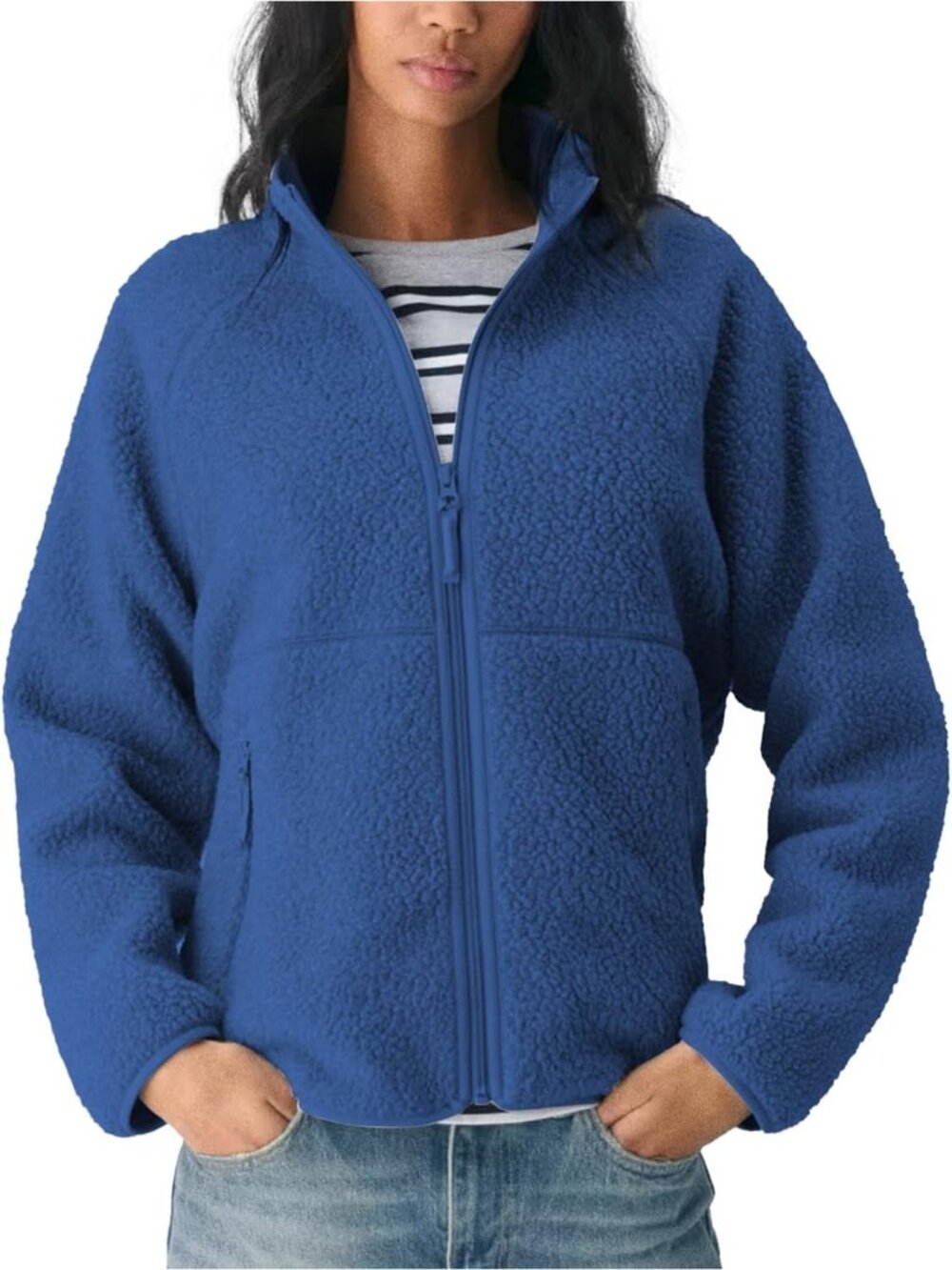 Women's Blue Fuzzy Fleece Jacket Full Zip Fall Winter Sherpa Warm Coats